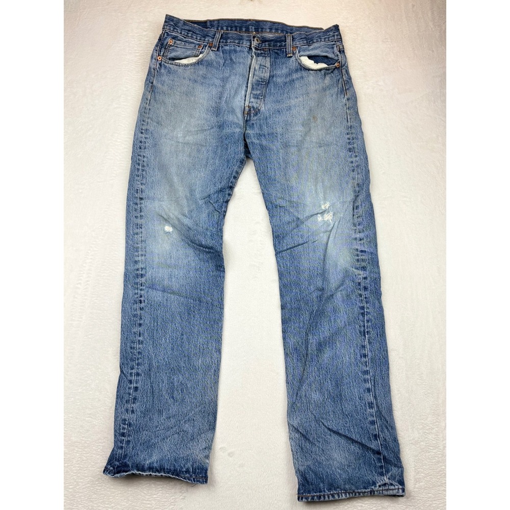 Levis 501 Men's 36x34 Original Jeans lightly Distressed Whiskered Thigh  Denim